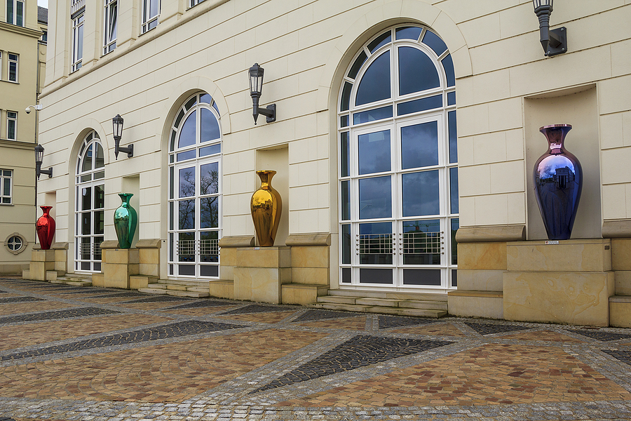 Luxembourg, Luxembourg - May 15: These multicolored mirrored vases decorate the houses square to the Judicial City of Luxembourg May 15, 2013 in Luxembourg, Luxembourg.